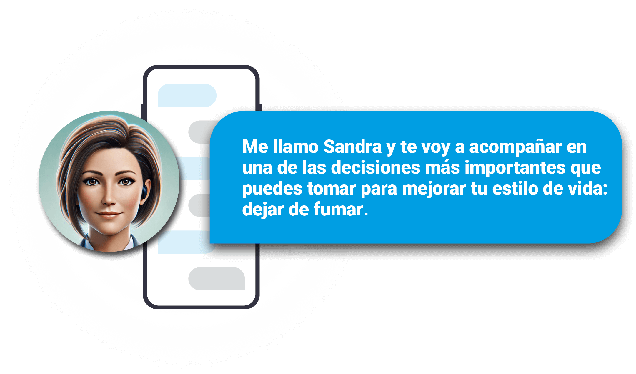 Imagen de una mujer llamada Sandra que representa al bot sobre un telefono